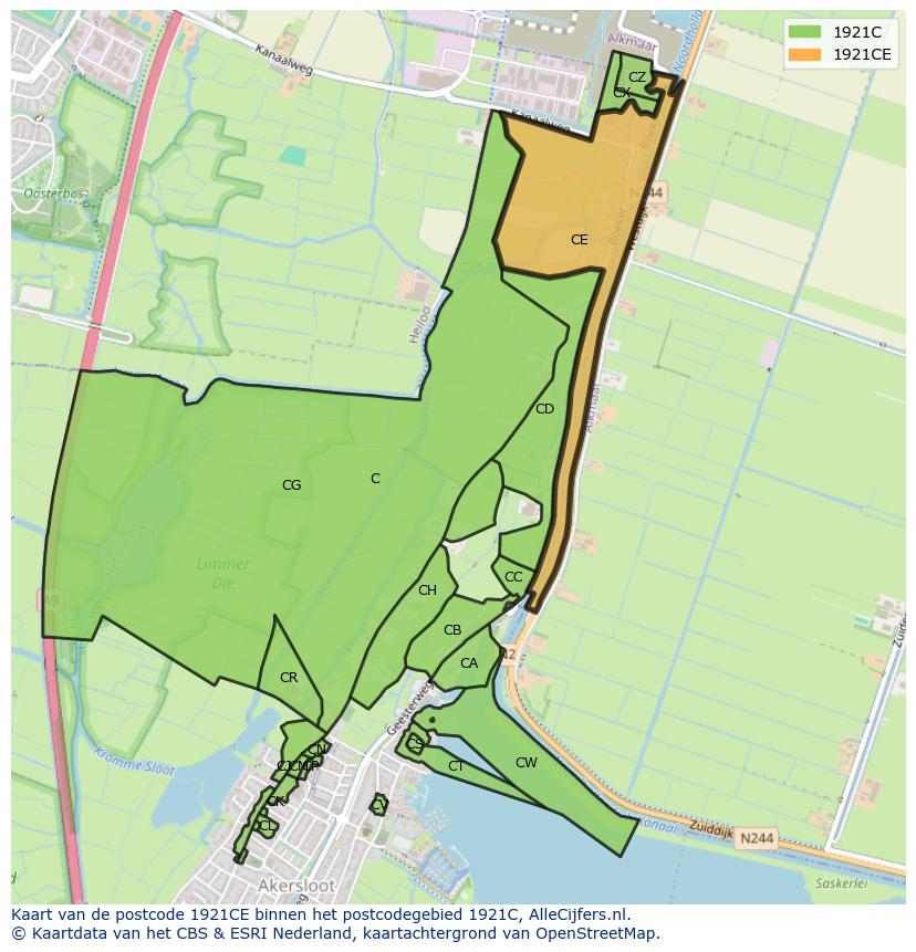 Afbeelding van het postcodegebied 1921 CE op de kaart.