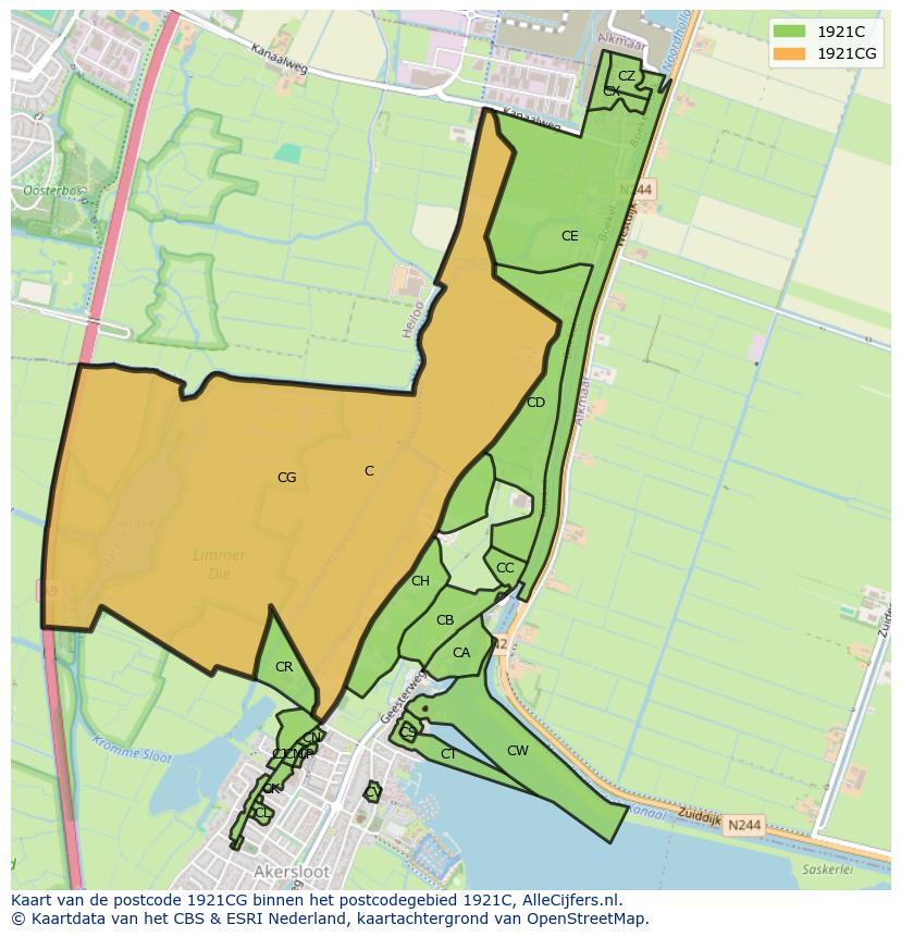 Afbeelding van het postcodegebied 1921 CG op de kaart.