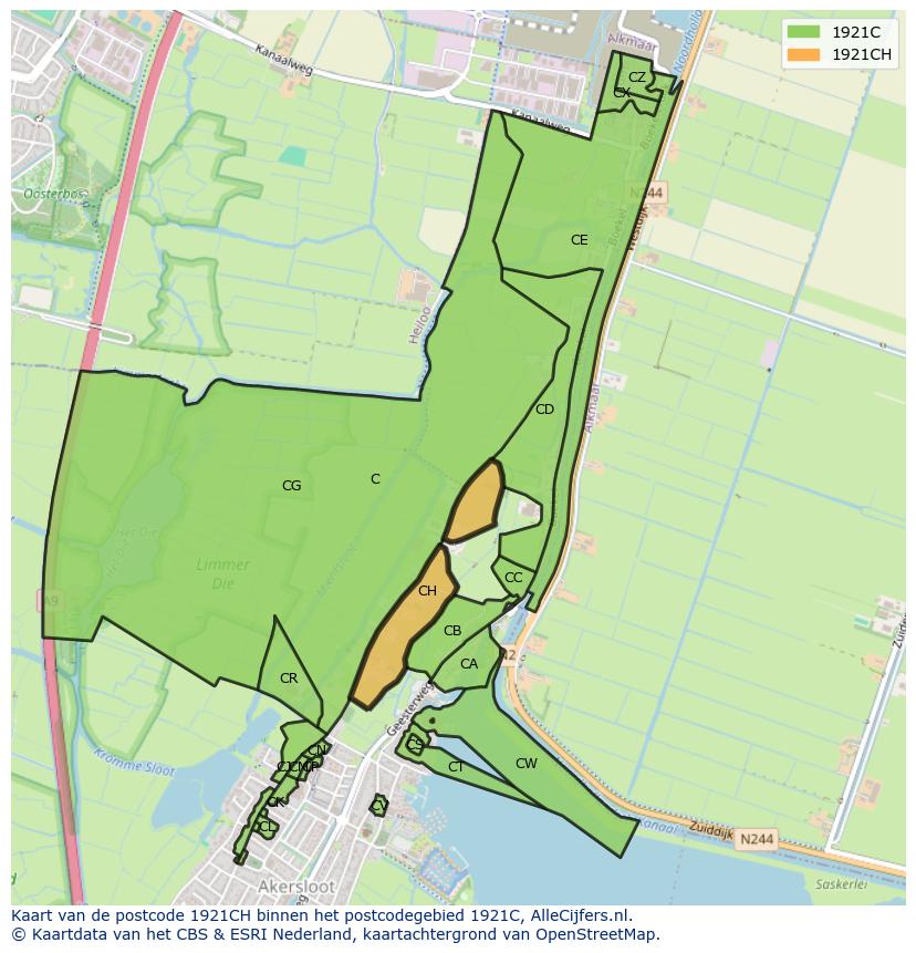 Afbeelding van het postcodegebied 1921 CH op de kaart.