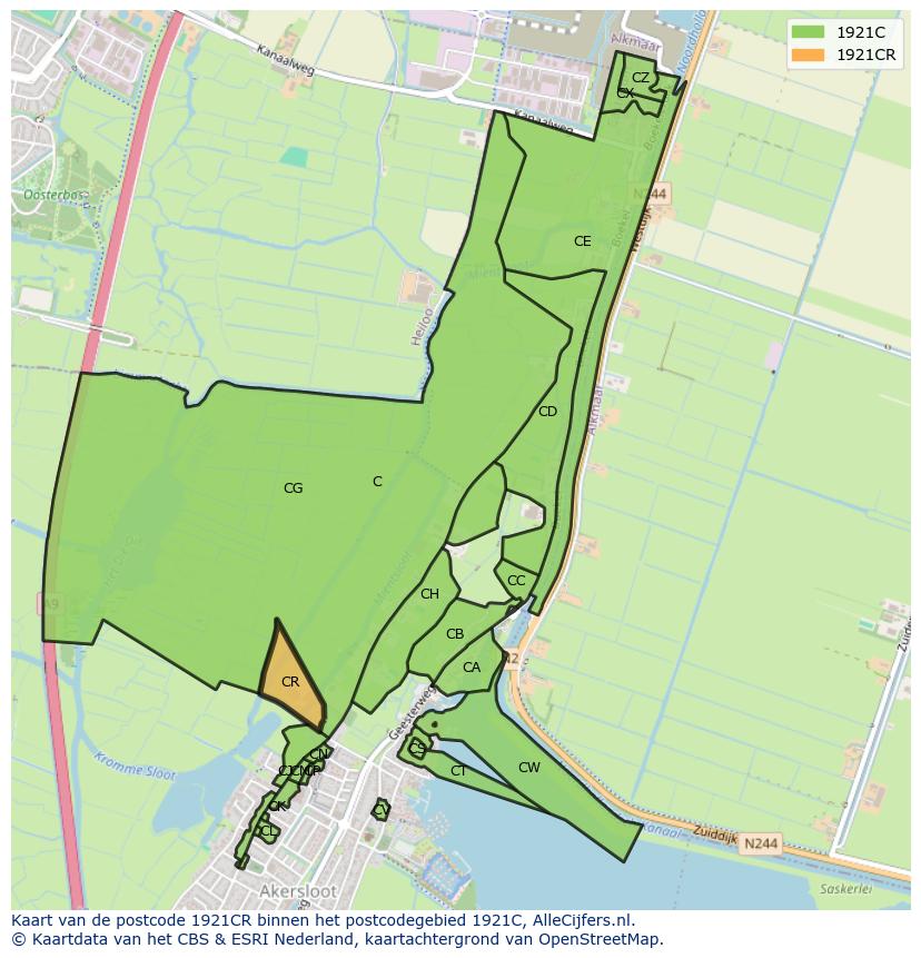 Afbeelding van het postcodegebied 1921 CR op de kaart.