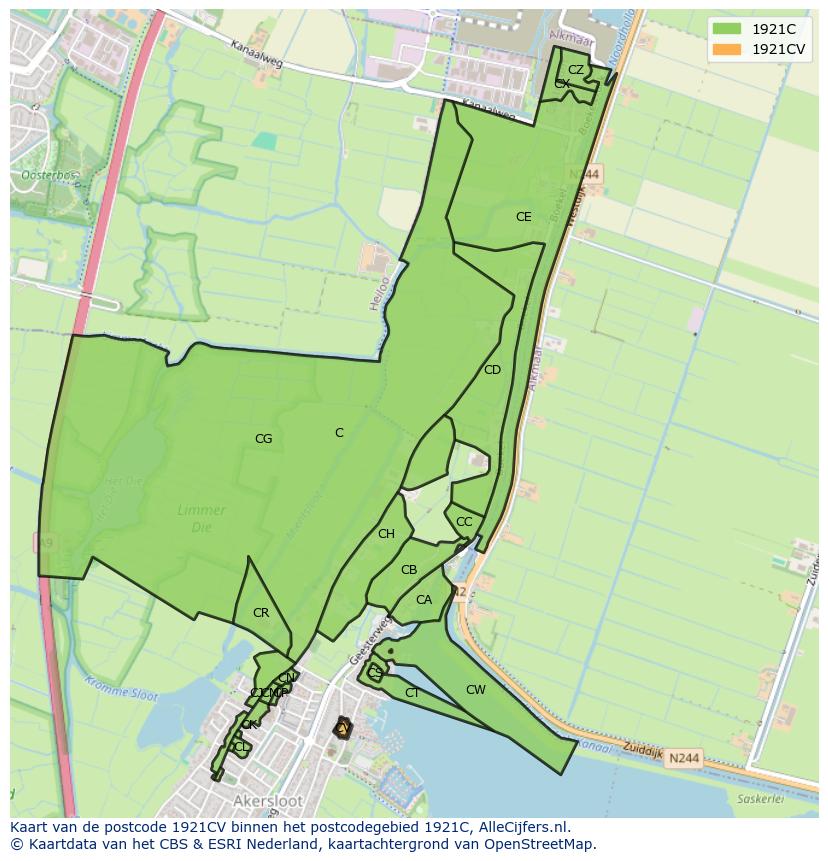 Afbeelding van het postcodegebied 1921 CV op de kaart.