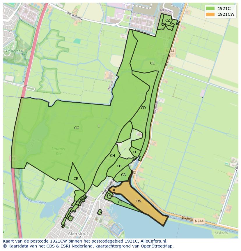 Afbeelding van het postcodegebied 1921 CW op de kaart.