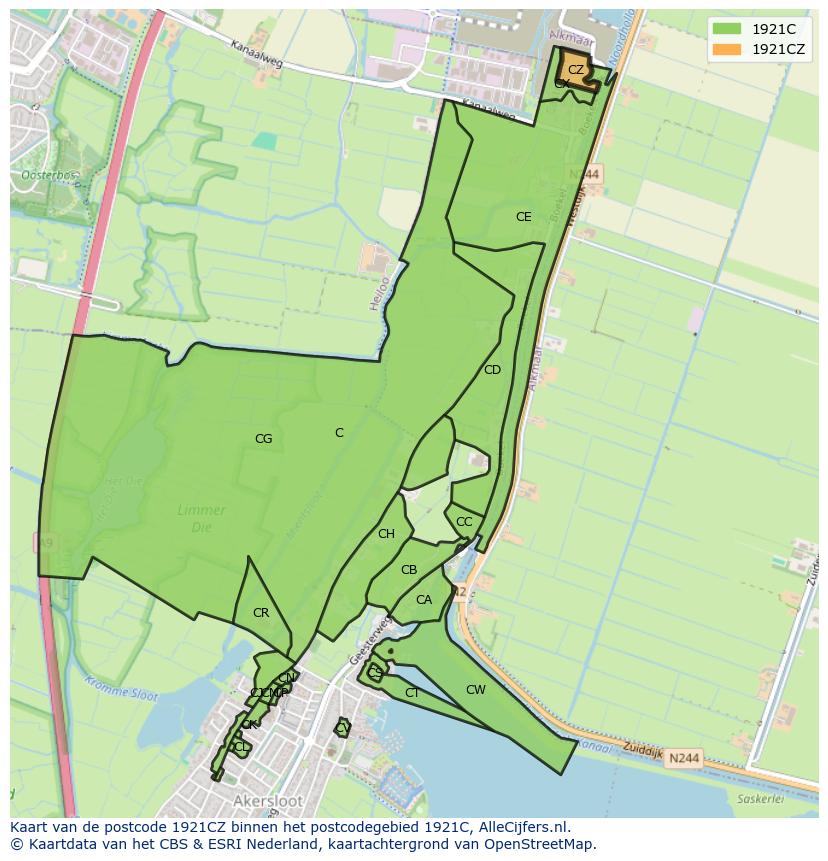 Afbeelding van het postcodegebied 1921 CZ op de kaart.