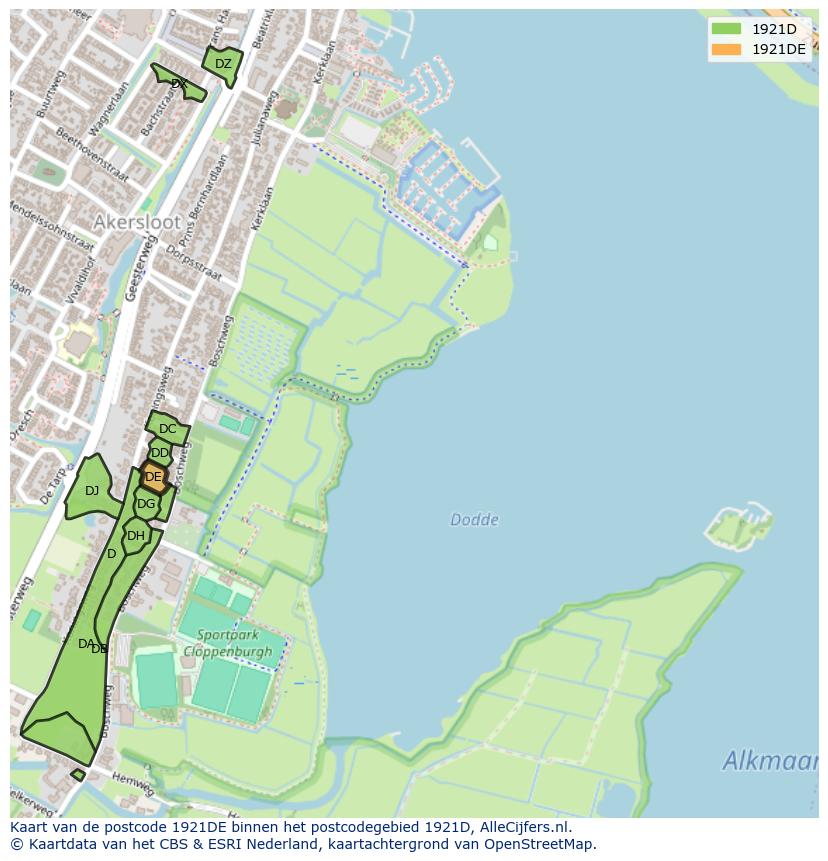 Afbeelding van het postcodegebied 1921 DE op de kaart.