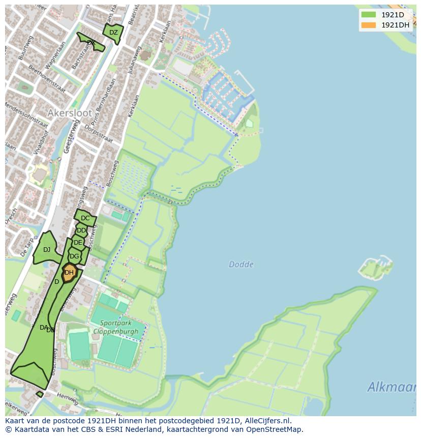 Afbeelding van het postcodegebied 1921 DH op de kaart.