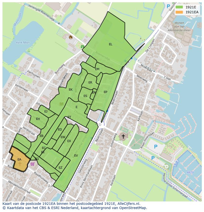 Afbeelding van het postcodegebied 1921 EA op de kaart.