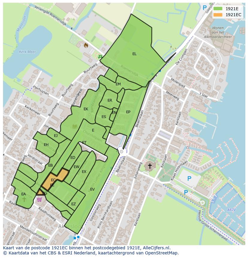 Afbeelding van het postcodegebied 1921 EC op de kaart.