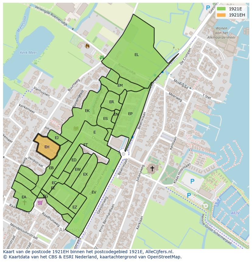 Afbeelding van het postcodegebied 1921 EH op de kaart.
