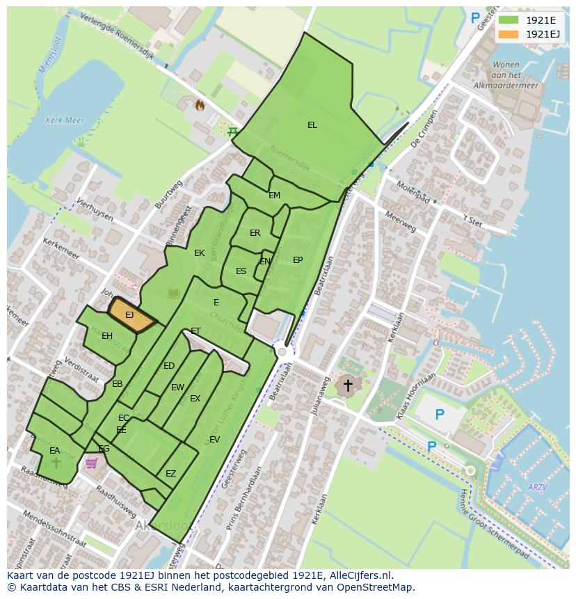 Afbeelding van het postcodegebied 1921 EJ op de kaart.