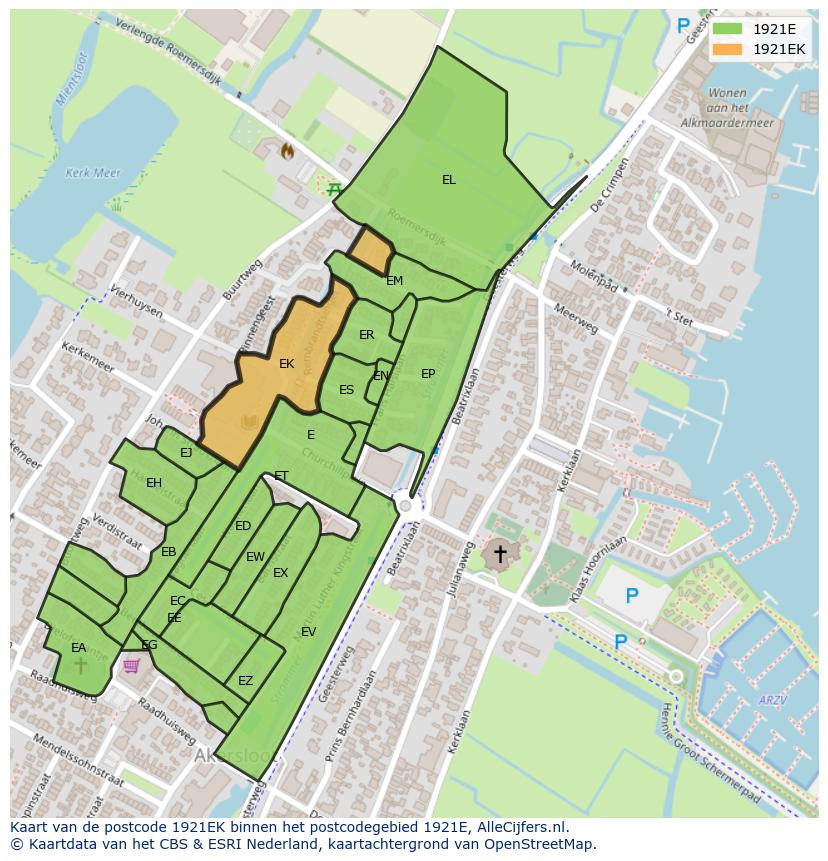 Afbeelding van het postcodegebied 1921 EK op de kaart.