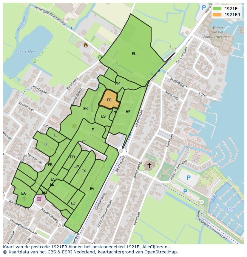 Afbeelding van het postcodegebied 1921 ER op de kaart.