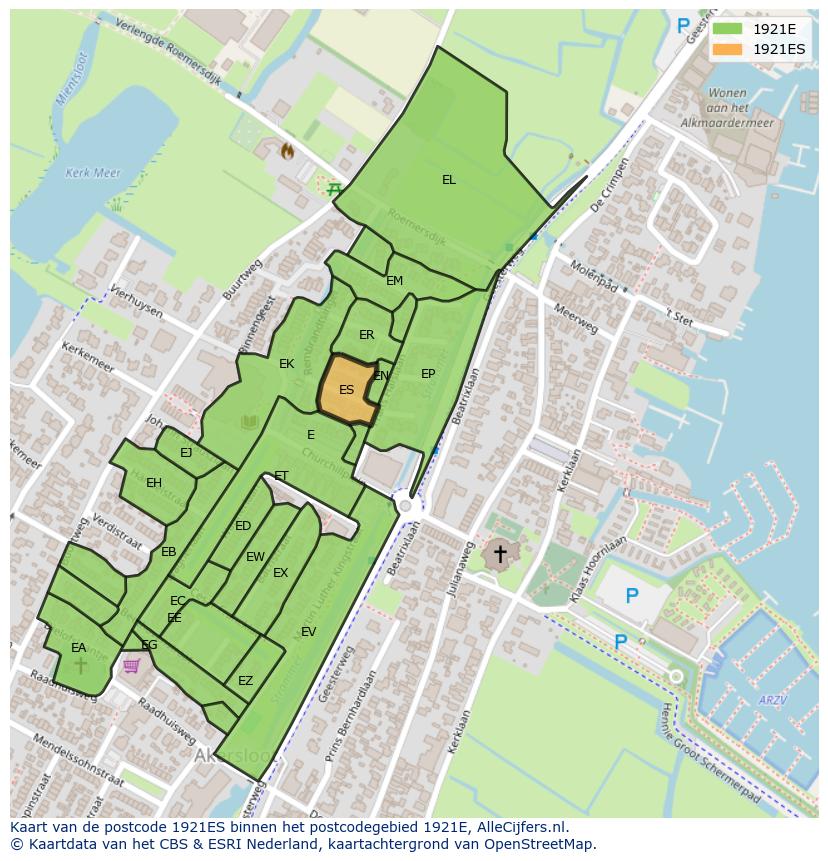 Afbeelding van het postcodegebied 1921 ES op de kaart.