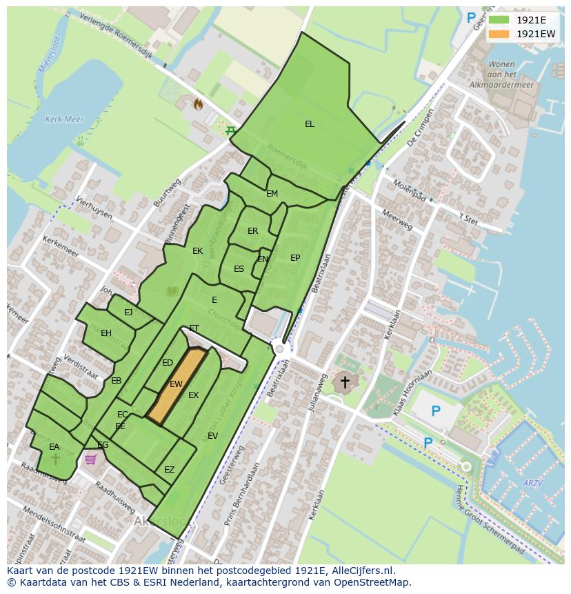 Afbeelding van het postcodegebied 1921 EW op de kaart.