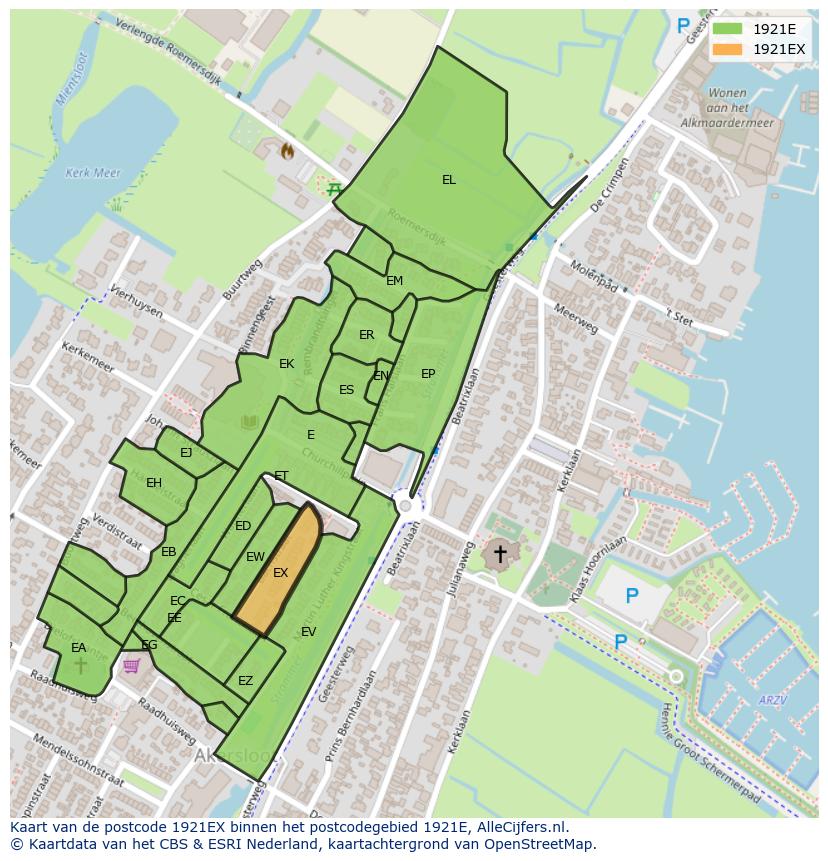 Afbeelding van het postcodegebied 1921 EX op de kaart.