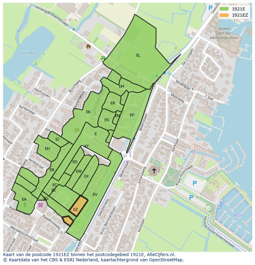 Afbeelding van het postcodegebied 1921 EZ op de kaart.