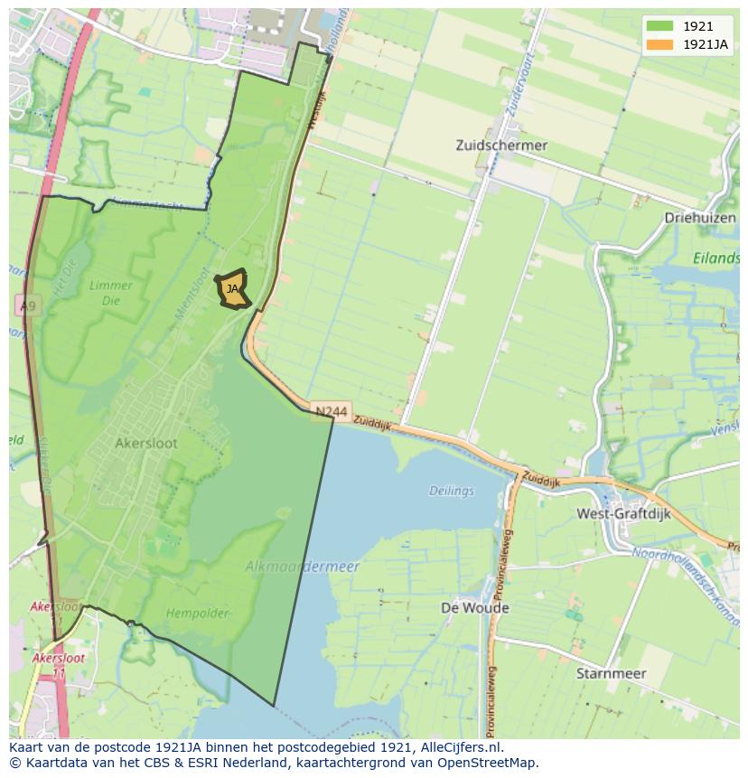 Afbeelding van het postcodegebied 1921 JA op de kaart.