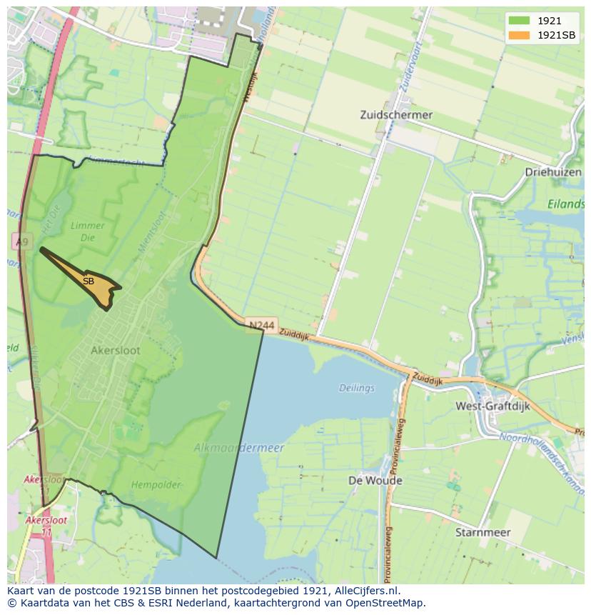 Afbeelding van het postcodegebied 1921 SB op de kaart.