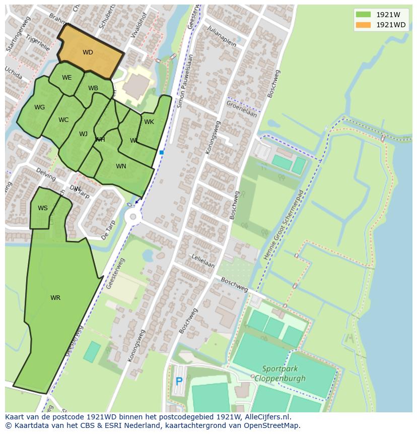 Afbeelding van het postcodegebied 1921 WD op de kaart.