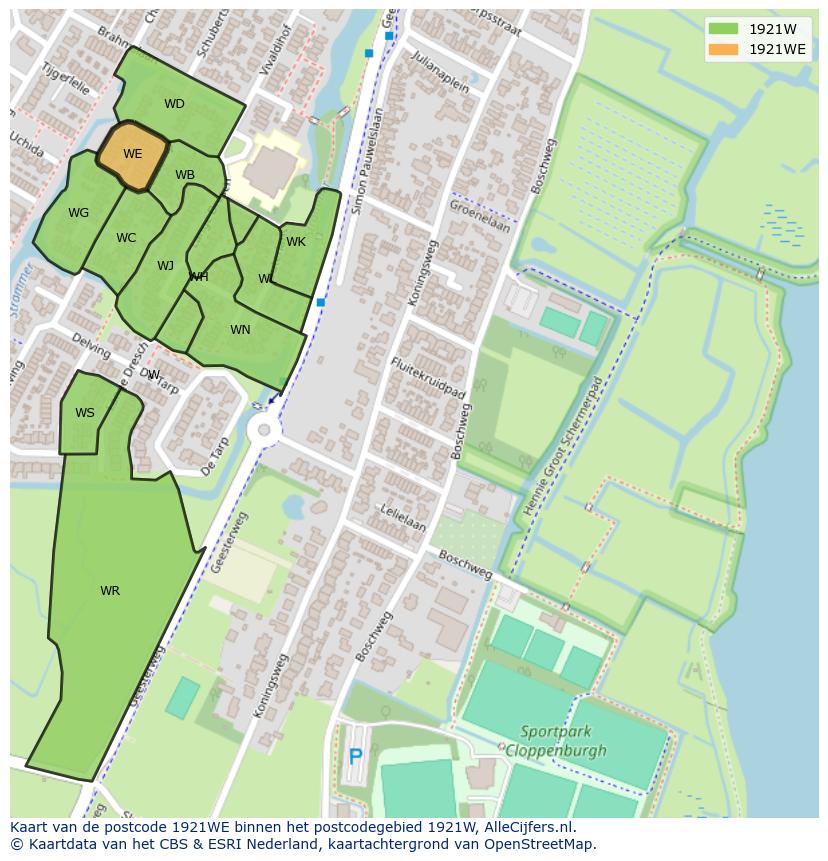 Afbeelding van het postcodegebied 1921 WE op de kaart.