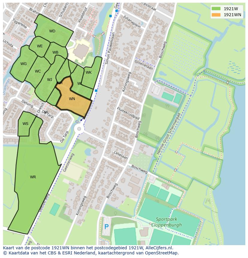 Afbeelding van het postcodegebied 1921 WN op de kaart.