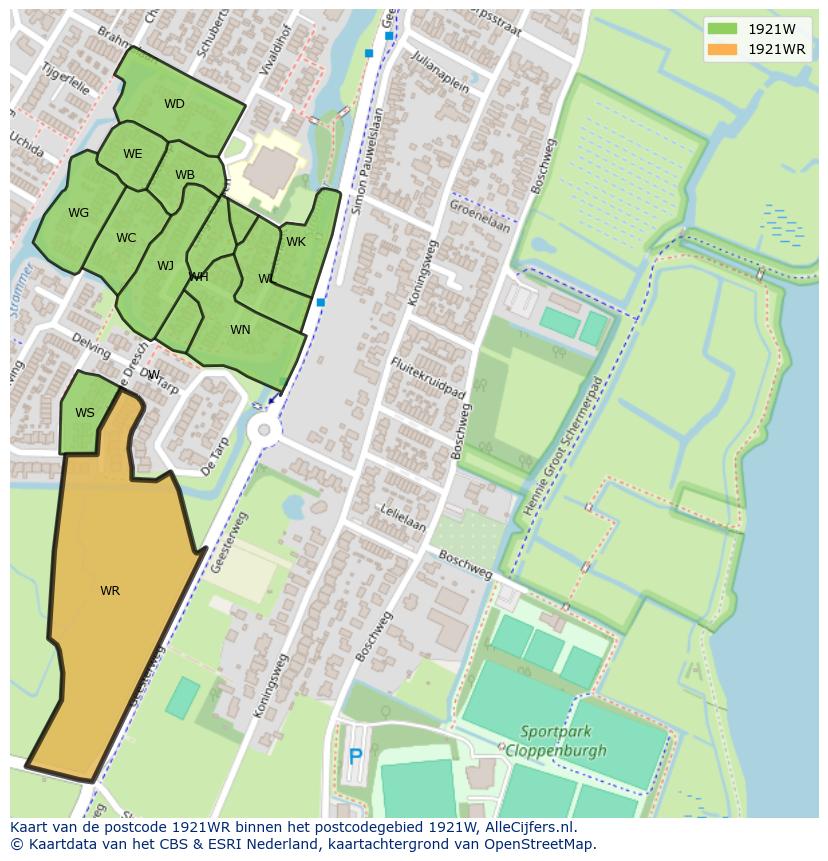 Afbeelding van het postcodegebied 1921 WR op de kaart.