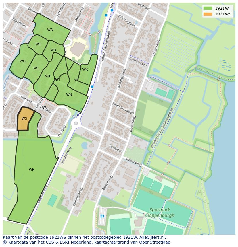 Afbeelding van het postcodegebied 1921 WS op de kaart.