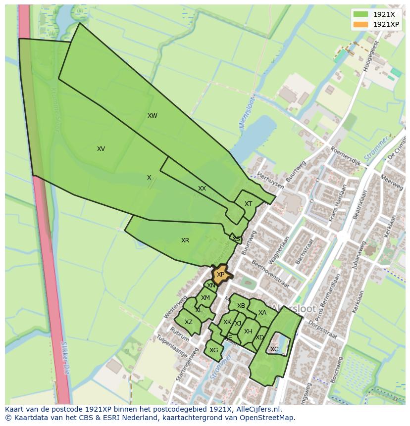 Afbeelding van het postcodegebied 1921 XP op de kaart.