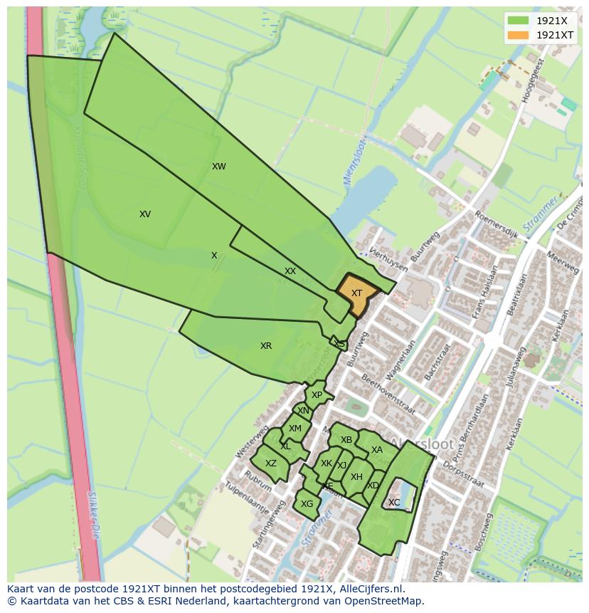 Afbeelding van het postcodegebied 1921 XT op de kaart.