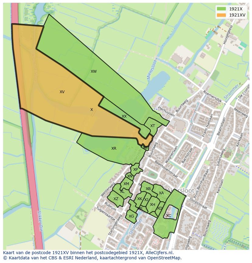 Afbeelding van het postcodegebied 1921 XV op de kaart.