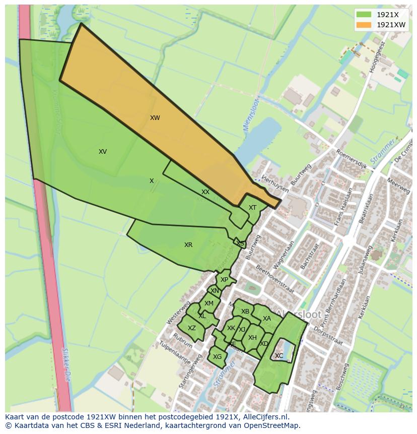 Afbeelding van het postcodegebied 1921 XW op de kaart.