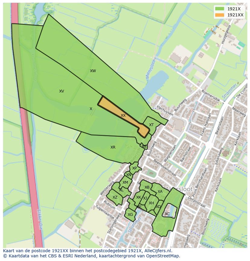 Afbeelding van het postcodegebied 1921 XX op de kaart.