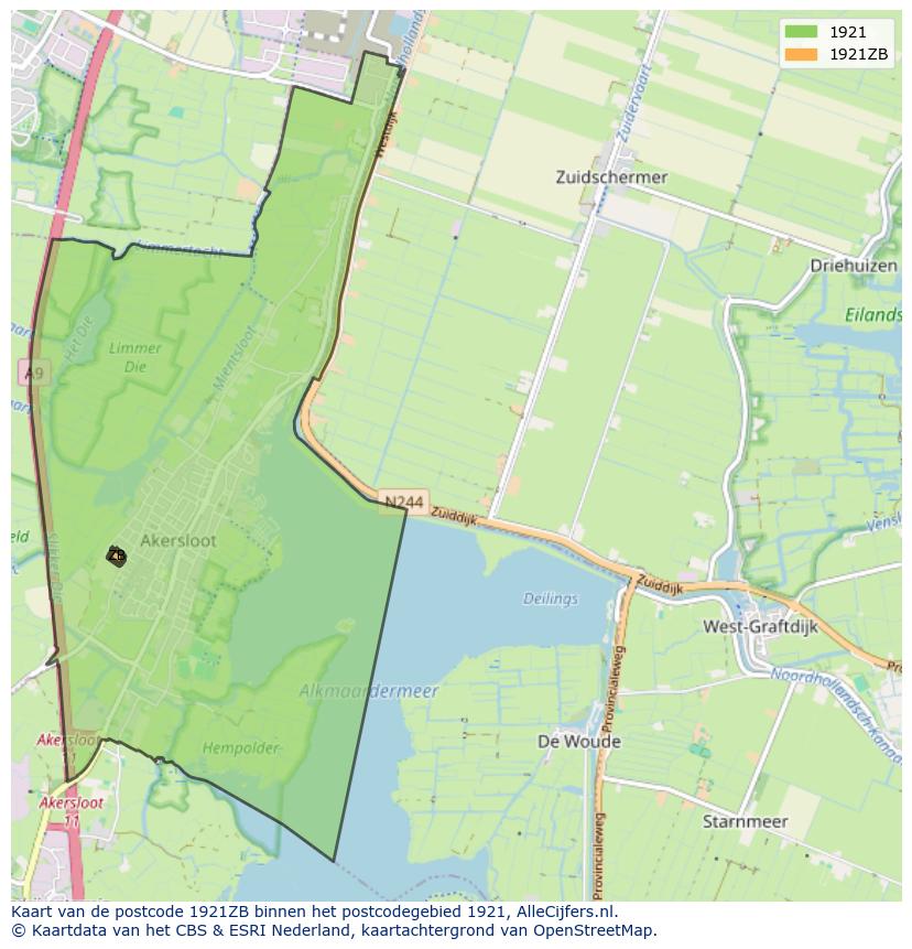 Afbeelding van het postcodegebied 1921 ZB op de kaart.