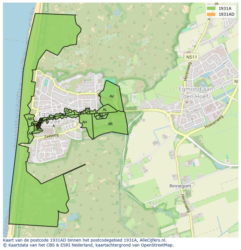 Afbeelding van het postcodegebied 1931 AD op de kaart.
