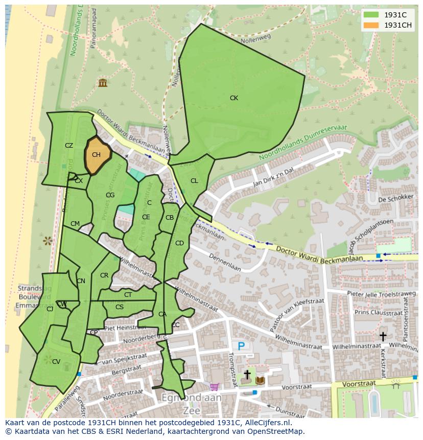 Afbeelding van het postcodegebied 1931 CH op de kaart.