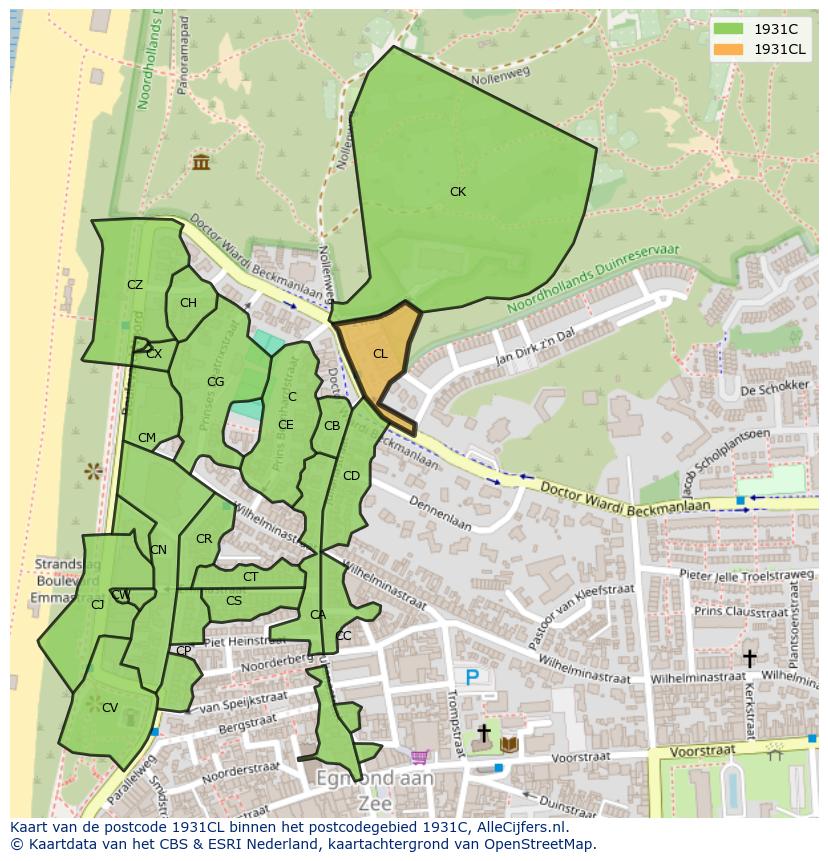 Afbeelding van het postcodegebied 1931 CL op de kaart.