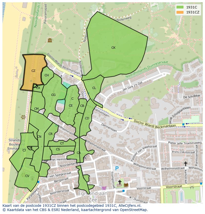 Afbeelding van het postcodegebied 1931 CZ op de kaart.
