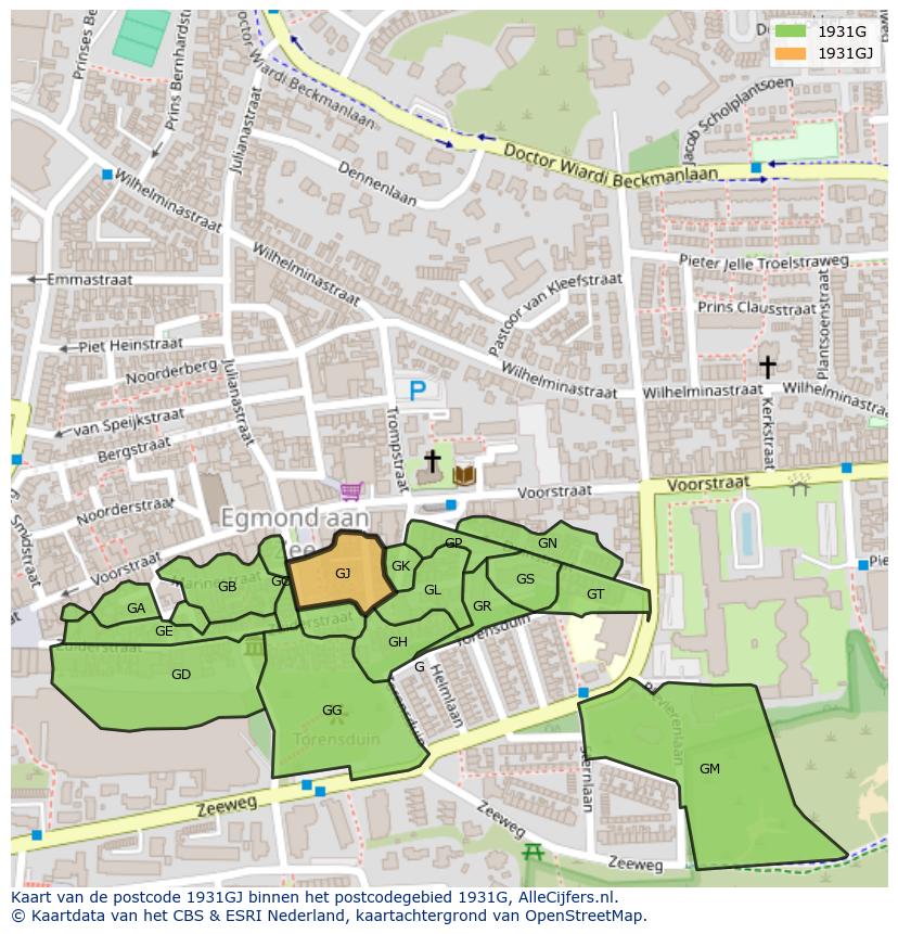 Afbeelding van het postcodegebied 1931 GJ op de kaart.