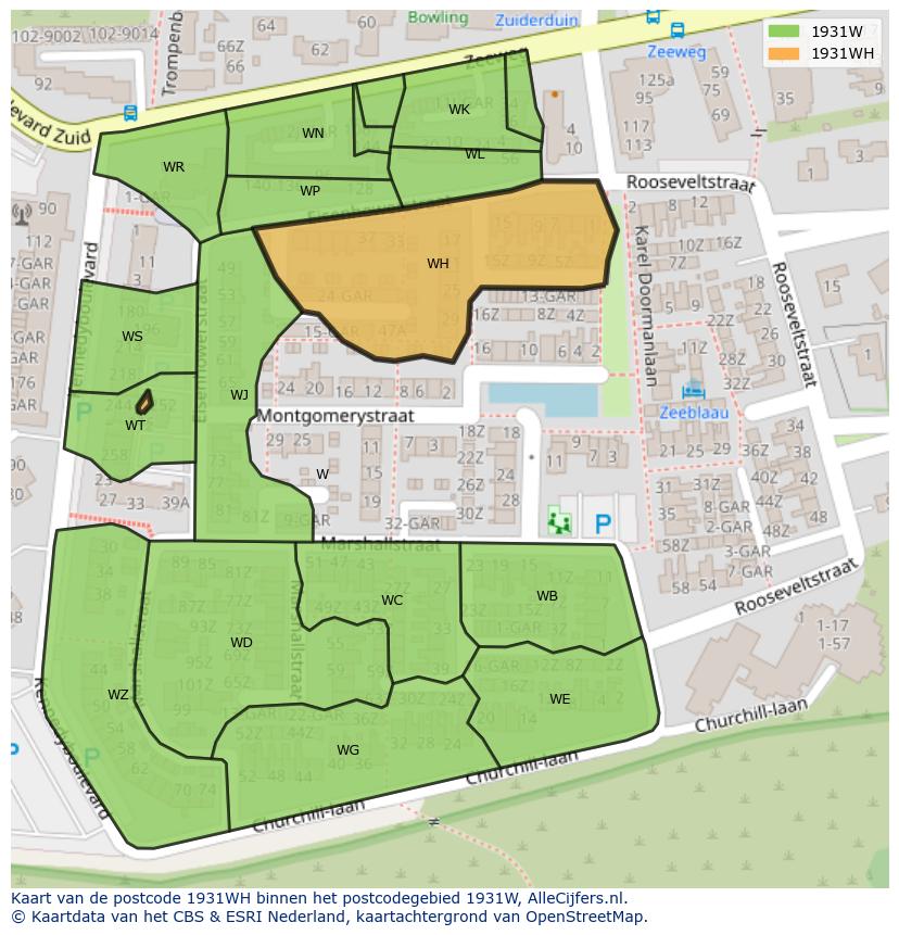 Afbeelding van het postcodegebied 1931 WH op de kaart.