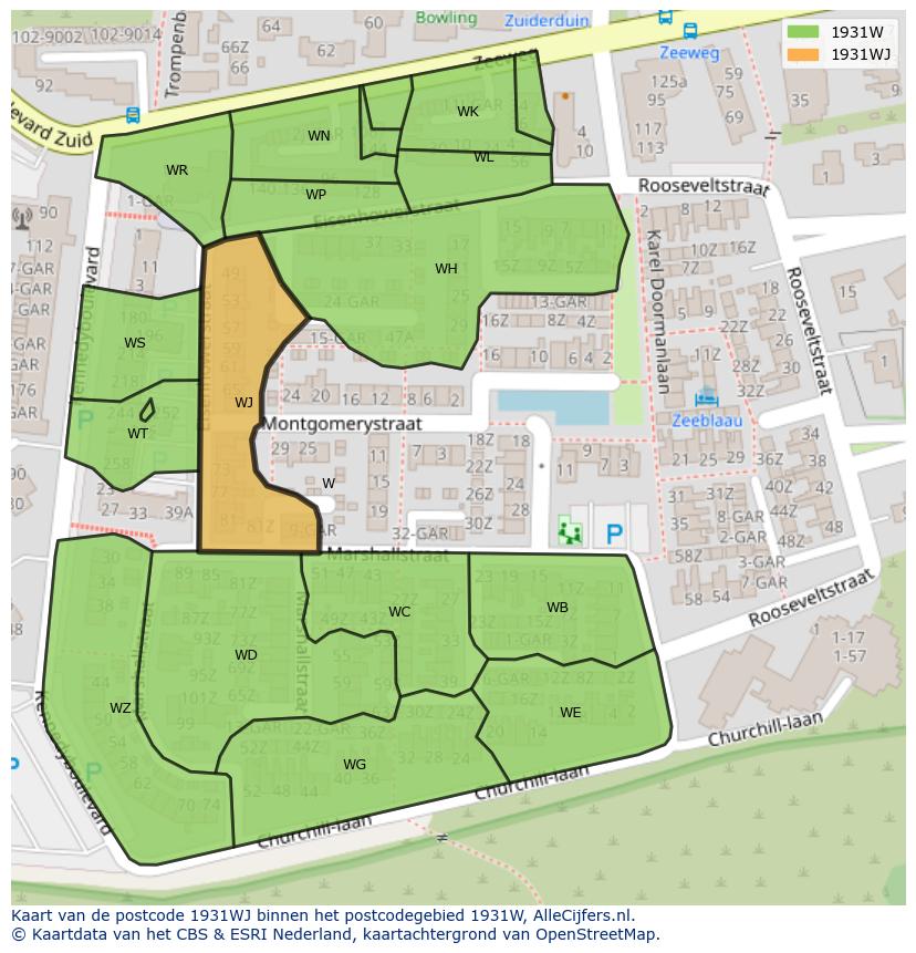 Afbeelding van het postcodegebied 1931 WJ op de kaart.