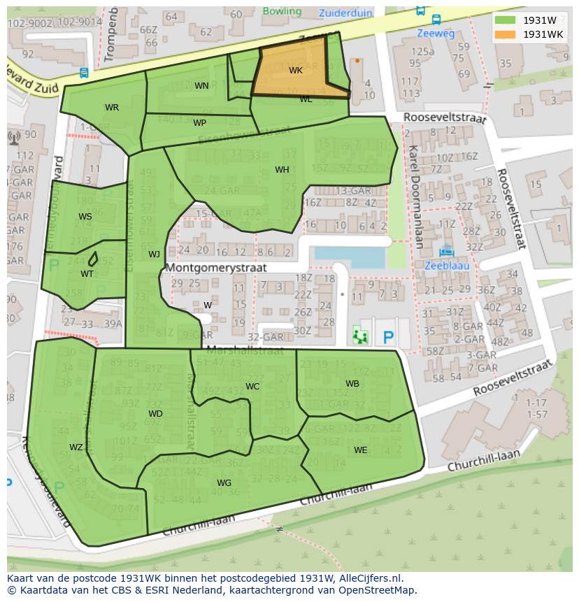 Afbeelding van het postcodegebied 1931 WK op de kaart.