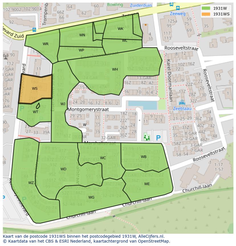 Afbeelding van het postcodegebied 1931 WS op de kaart.