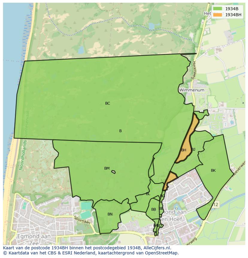 Afbeelding van het postcodegebied 1934 BH op de kaart.