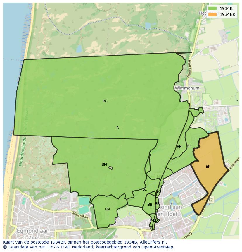 Afbeelding van het postcodegebied 1934 BK op de kaart.