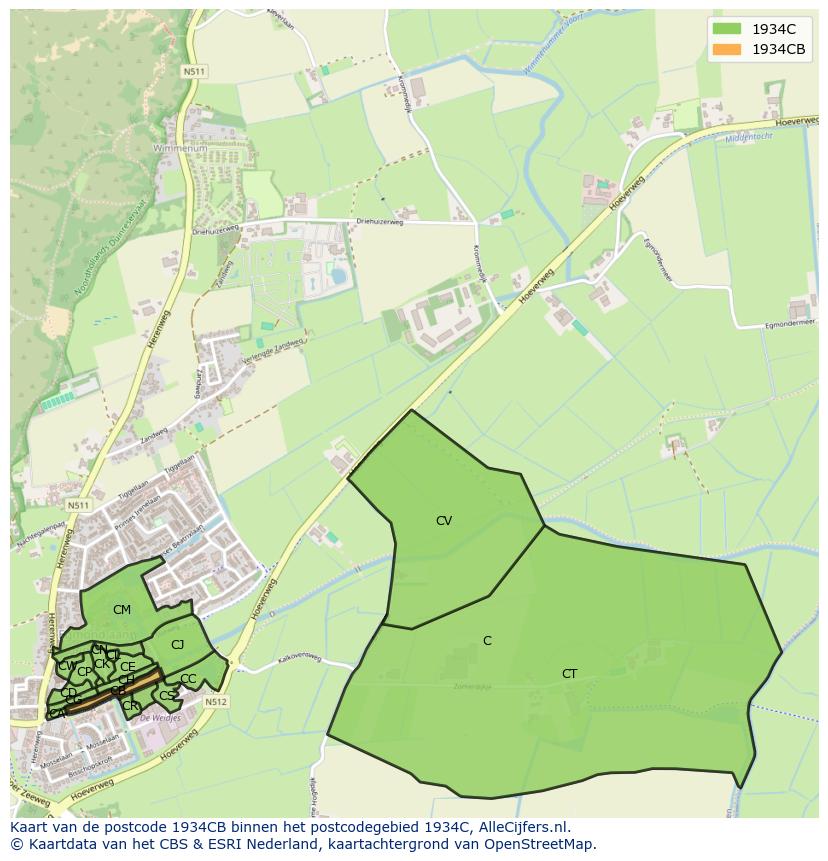 Afbeelding van het postcodegebied 1934 CB op de kaart.