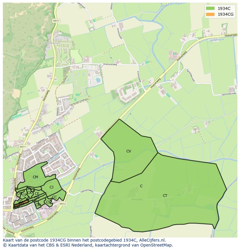 Afbeelding van het postcodegebied 1934 CG op de kaart.