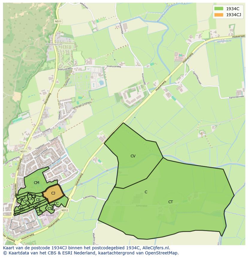 Afbeelding van het postcodegebied 1934 CJ op de kaart.