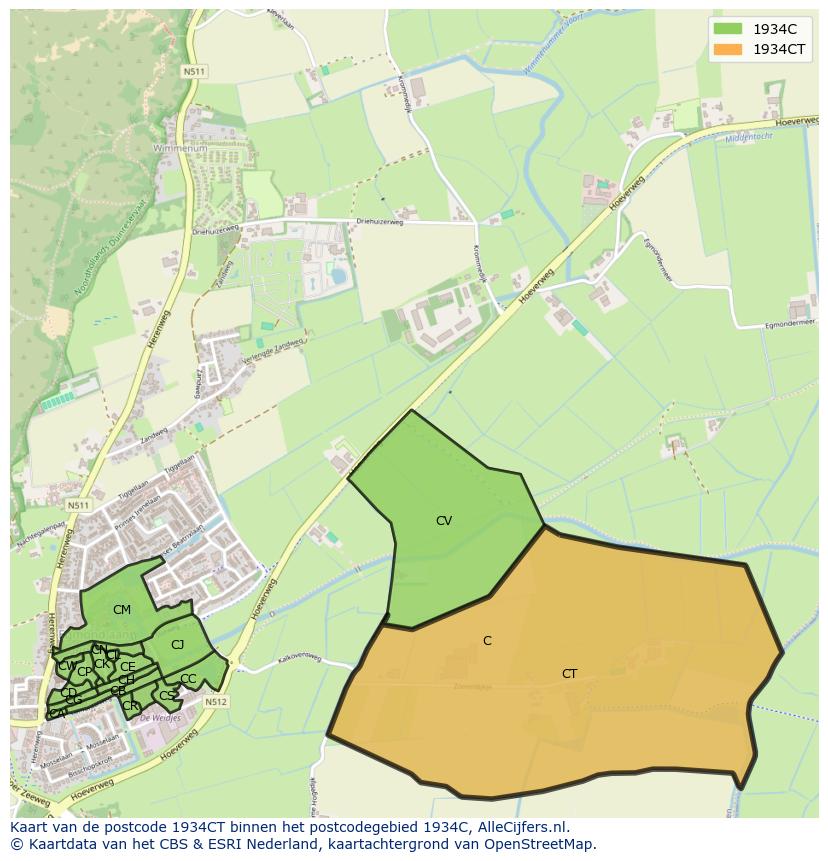 Afbeelding van het postcodegebied 1934 CT op de kaart.