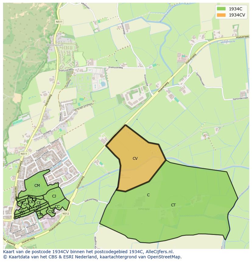 Afbeelding van het postcodegebied 1934 CV op de kaart.