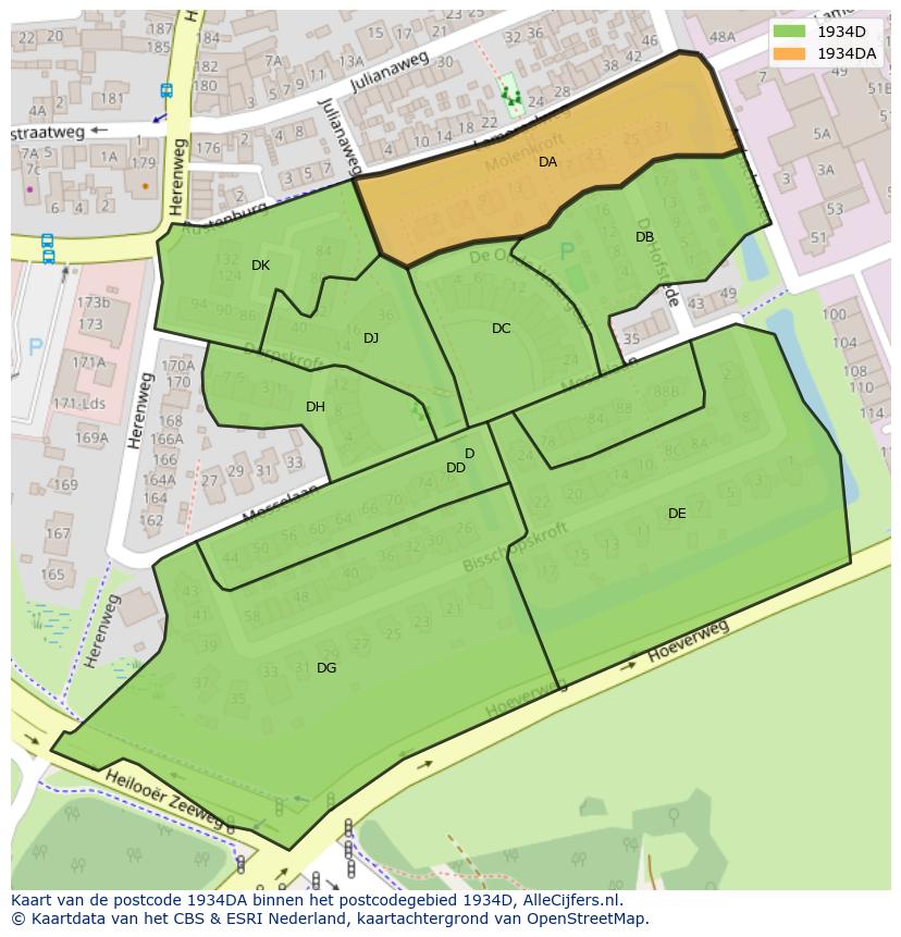 Afbeelding van het postcodegebied 1934 DA op de kaart.