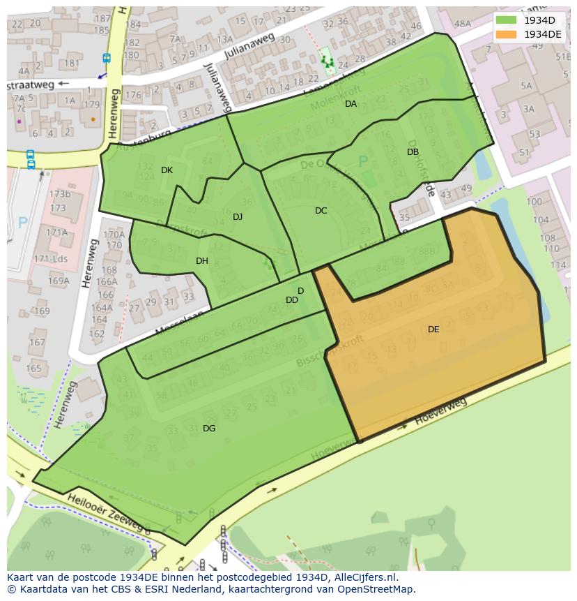 Afbeelding van het postcodegebied 1934 DE op de kaart.